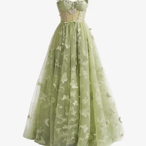 a line butterfly lace lilac corset prom dress with slit