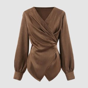 brown satin wrap front puff sleeve top