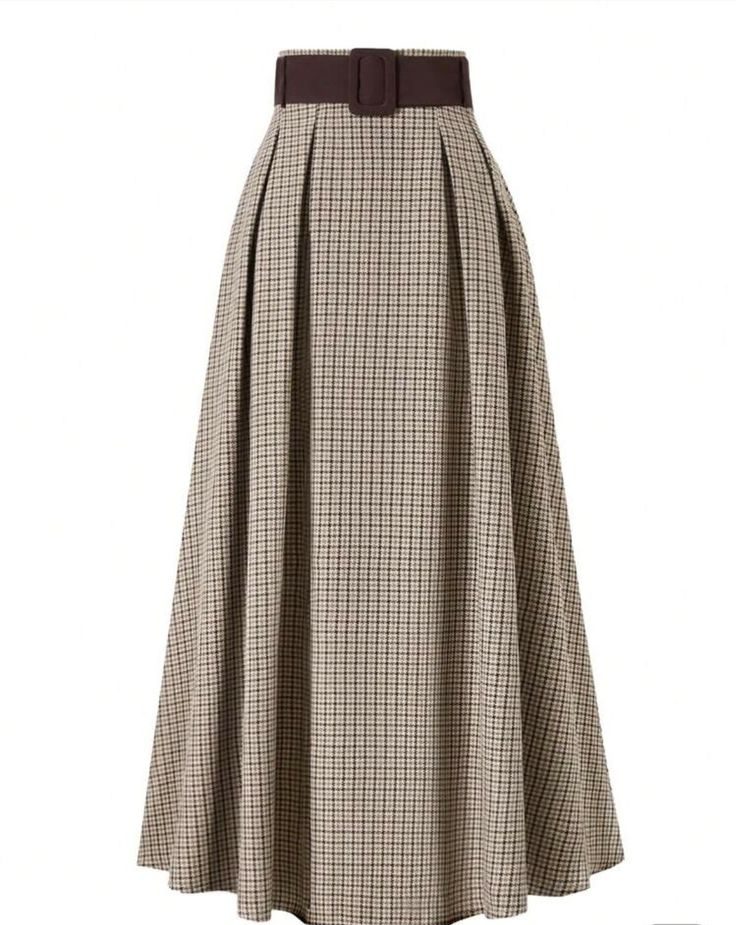 Women’s High-Waist Checked Pleated Maxi Skirt with Belt