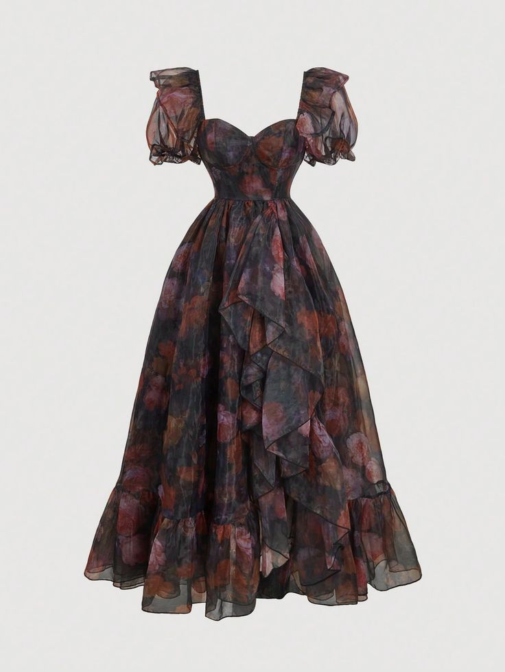 Organza Floral Print Layers Ruffled Maxi Dress